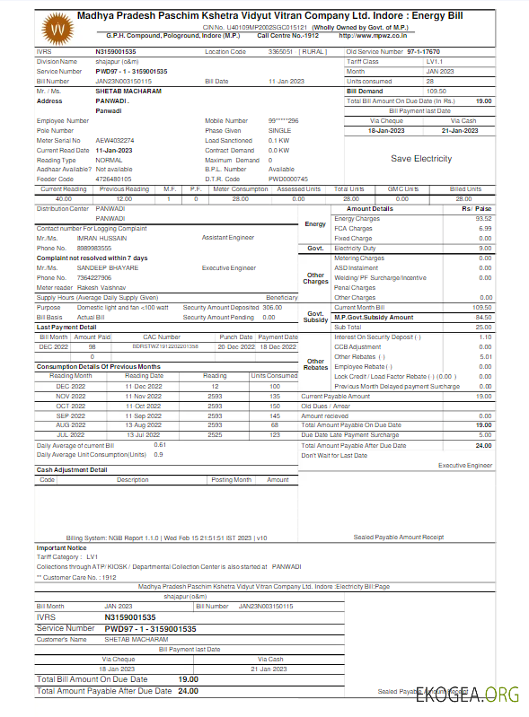 INDIA MPWZ utility bill Word and PDF template